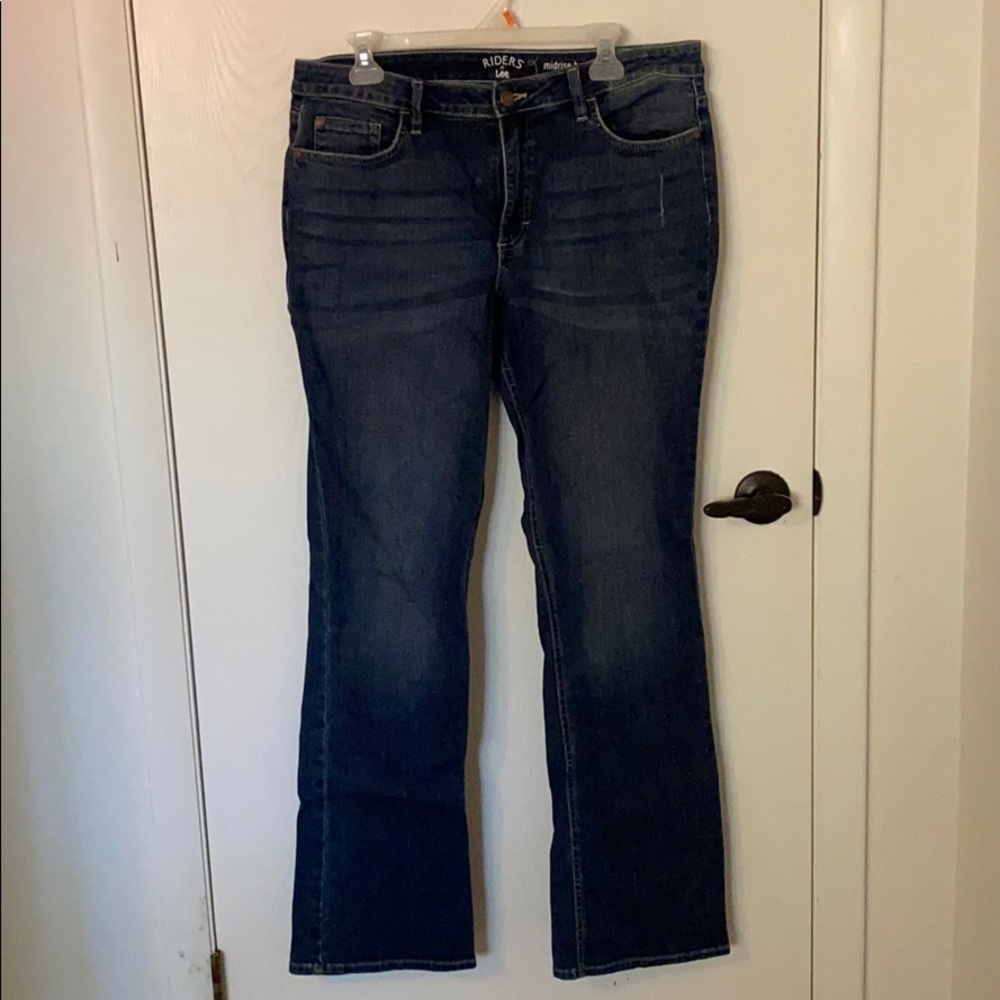 Mid rise bootcut jeans.